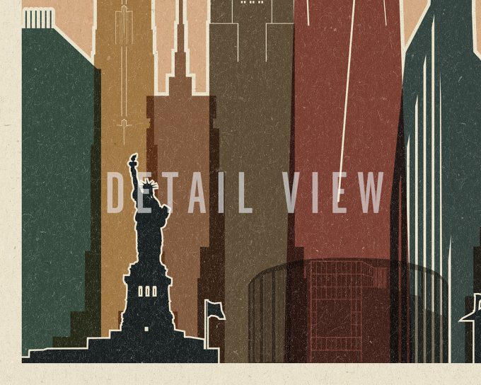 Stylized illustration of the New York City skyline featuring the Statue of Liberty and skyscrapers.