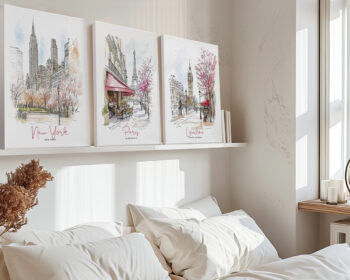 Three framed cityscape prints of New York, Paris, and London displayed on a shelf above a bed.