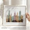 Art print of the New York City skyline featuring various iconic buildings in pastel colors.