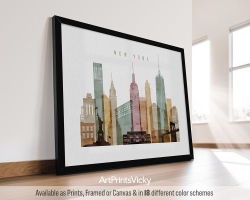 New York City landscape skyline featuring iconic skyscrapers, bridges, and bustling cityscape in a rich and textured Watercolor 1 style, by ArtPrintsVicky.