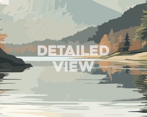 Stylized illustration of a lake reflecting mountains and trees in muted colors.