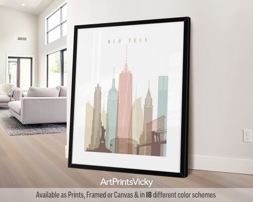 New York City contemporary skyline poster in soft pastel white theme, modern city print by ArtPrintsVicky