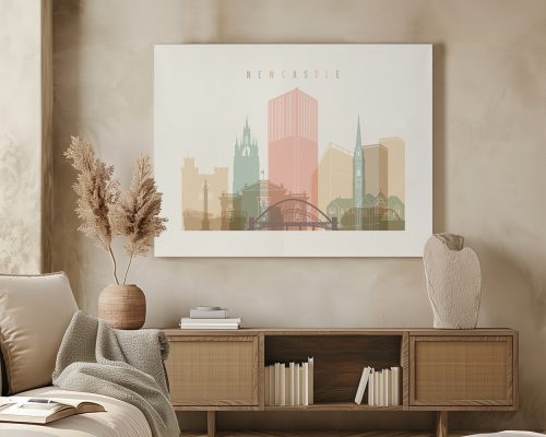Artistic representation of Newcastle's skyline featuring notable buildings and structures.