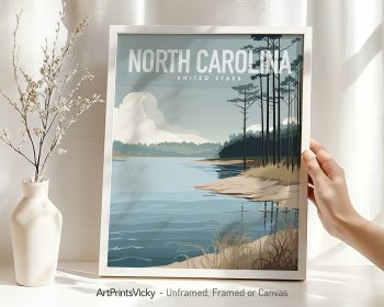 Art print featuring a serene landscape of North Carolina with trees and water.