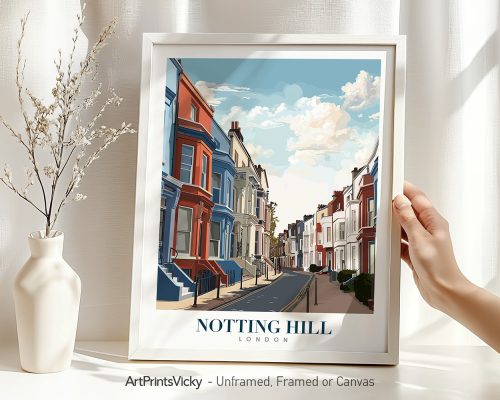 Art print of Notting Hill featuring colorful houses and a blue sky with clouds.