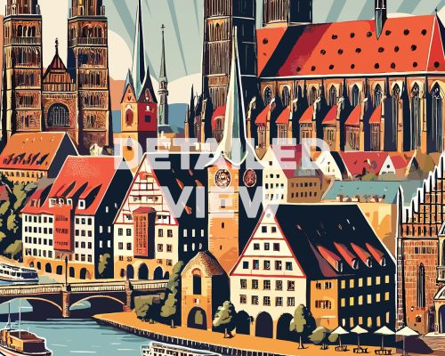 Illustration of a retro cityscape featuring buildings and towers in Nuremberg.