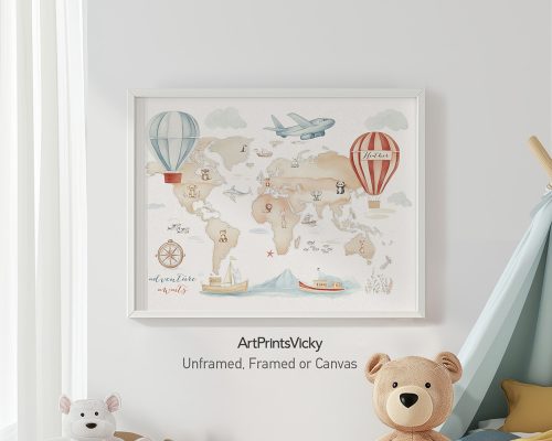 Illustration of a world map featuring hot air balloons, an airplane, and various landmarks.