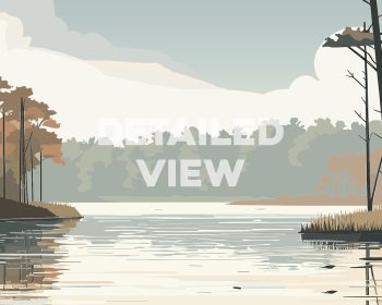 Illustration depicting a calm lake surrounded by trees and gentle hills in a muted color palette.