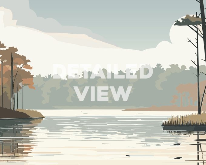 Illustration depicting a calm lake surrounded by trees and gentle hills in a muted color palette.
