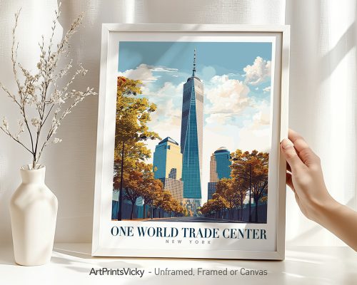 Art print of One World Trade Center framed with a decorative vase and hand holding it.