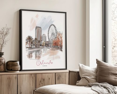 Illustration of Orlando, Florida featuring a skyline and a Ferris wheel in a framed artwork.