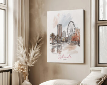 Illustration of Orlando, Florida featuring buildings, a Ferris wheel, and palm trees.