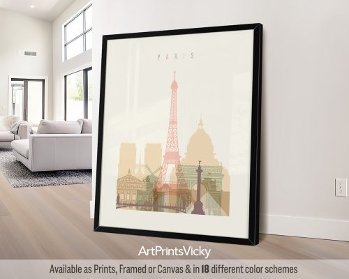 Paris minimalist city print in warm pastel cream theme, modern city print by ArtPrintsVicky