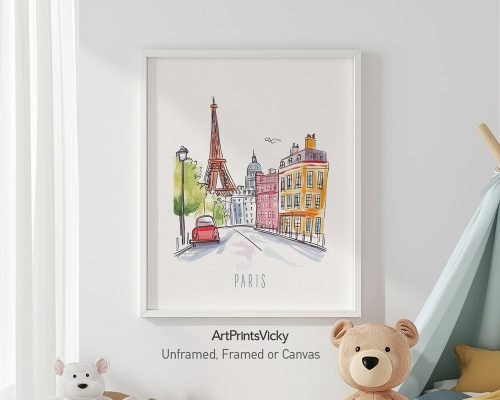 Illustration of Paris featuring the Eiffel Tower and colorful buildings in a framed print.