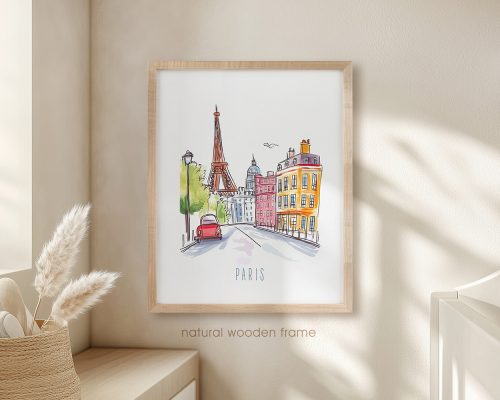 Illustration of the Eiffel Tower and colorful buildings in Paris framed in a natural wooden frame.