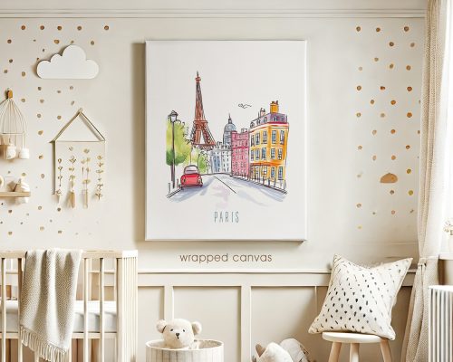 Canvas artwork depicting a colorful Paris cityscape with the Eiffel Tower and a red car.