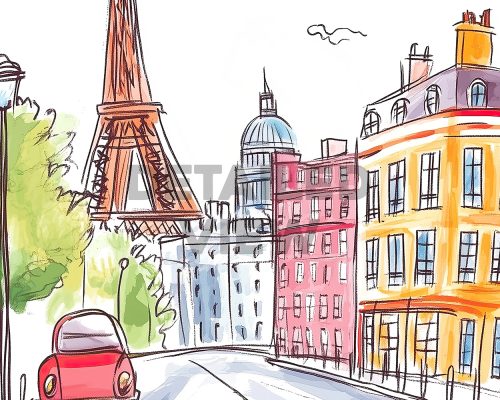 Artistic illustration featuring the Eiffel Tower and colorful buildings in a street scene.