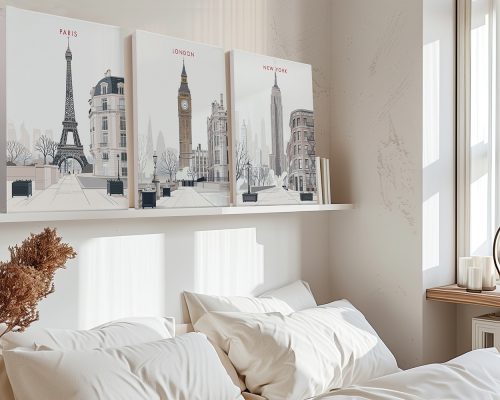 Framed prints of Paris, London, and New York displayed on a shelf above a bed.