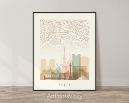 Paris minimalist map and skyline poster featuring the Eiffel Tower, the Arc de Triomphe, iconic landmarks, and street layout, all rendered in a warm Pastel Cream palette. by ArtPrintsVicky.