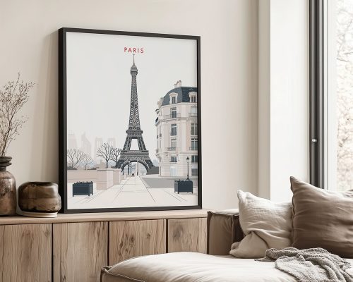 Framed minimalist artwork depicting the Eiffel Tower and Parisian architecture in neutral tones.