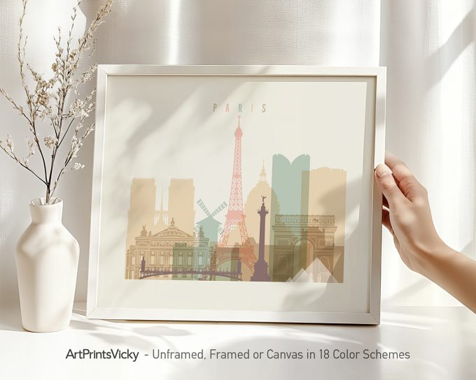 Art print featuring a stylized cityscape of Paris with the Eiffel Tower and notable buildings.