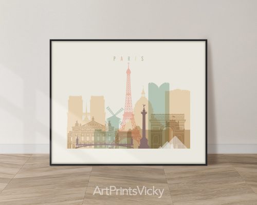 Paris minimalist city print in warm pastel cream theme, landscape orientation, modern city print by ArtPrintsVicky
