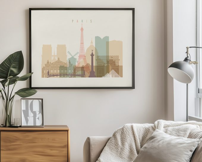 Art print featuring a stylized cityscape of Paris with iconic landmarks including the Eiffel Tower.
