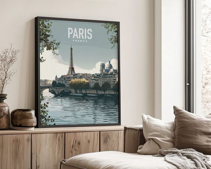 Art print featuring the Eiffel Tower and a river view of Paris with the text 'Paris France'.
