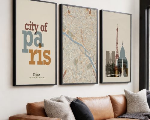 Paris Wall Art Set of 3 Prints, Map, Skyline