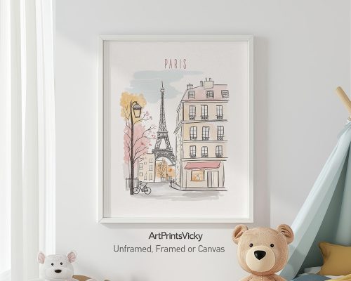 Artistic illustration of a Paris street scene featuring the Eiffel Tower and buildings.