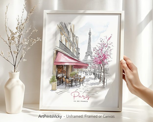 Illustration of a Paris street scene featuring the Eiffel Tower and a café with pink flowers.