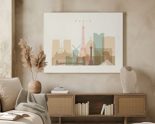 Art print featuring a stylized cityscape of Paris with notable landmarks including the Eiffel Tower.