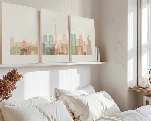 Three canvas prints depicting a stylized skyline of Paris with iconic landmarks.