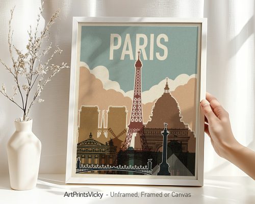 Framed art print of Paris featuring the Eiffel Tower and other landmarks in a vintage style.