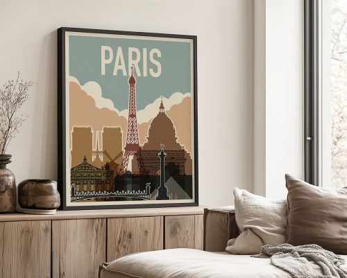 Vintage art print featuring the Eiffel Tower and other Parisian landmarks with the word 'Paris' at the top.
