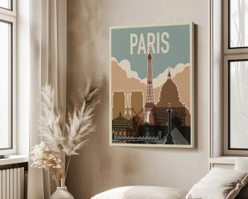 Vintage artwork depicting the Eiffel Tower and other Paris landmarks with a retro color palette.