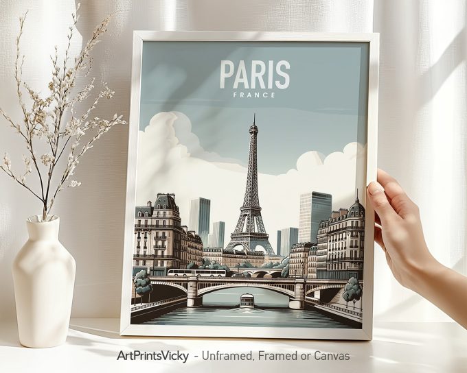 Framed print of Paris featuring the Eiffel Tower and city skyline in a minimalist style.