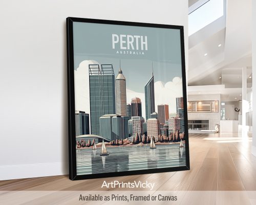 Perth illustration skyline travel poster in smooth colors by ArtPrintsVicky