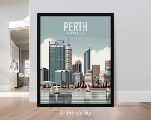 Perth illustration skyline travel poster in smooth colors by ArtPrintsVicky