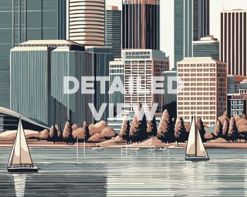 Illustration of a cityscape featuring tall buildings and sailboats on water in Perth.