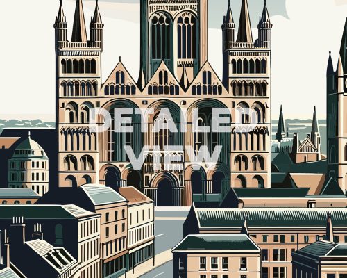 Illustration of Peterborough Cathedral with detailed architectural features and surrounding buildings.