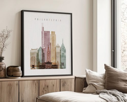 Art print featuring a stylized cityscape of Philadelphia with notable buildings and landmarks.
