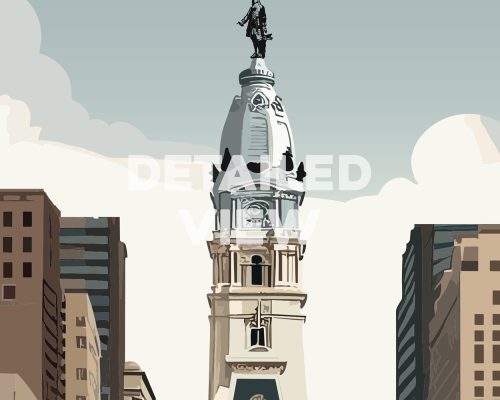 Illustration of the Philadelphia City Hall clock tower with a statue on top against a light background.