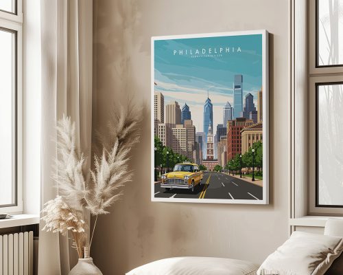 Illustration of a cityscape featuring Philadelphia's skyline and a vintage car on the street.