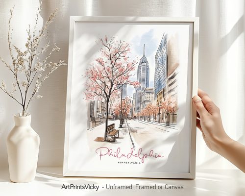 Illustration of Philadelphia featuring buildings and cherry blossom trees in a framed artwork.