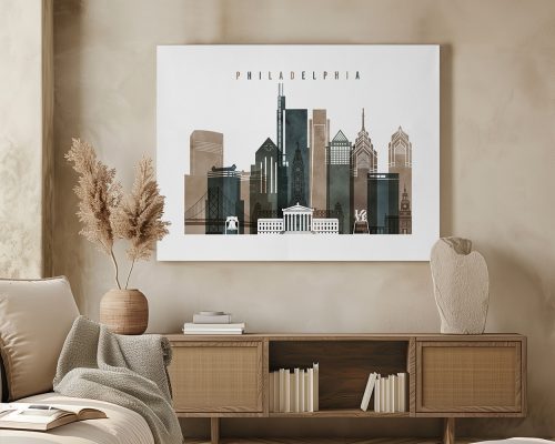 Artistic representation of Philadelphia's skyline featuring notable buildings and landmarks.