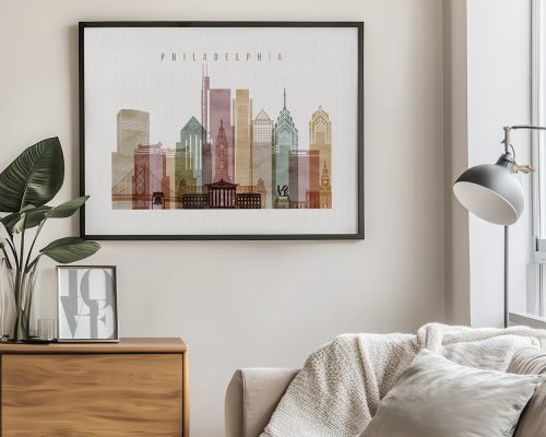 Artistic representation of Philadelphia's skyline featuring various buildings and structures.