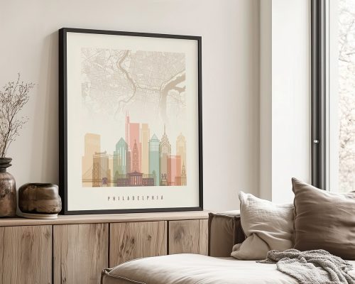 Artistic map of Philadelphia featuring key landmarks and buildings in a minimalist style.