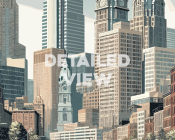 Illustration of Philadelphia cityscape featuring tall buildings and a clock tower.