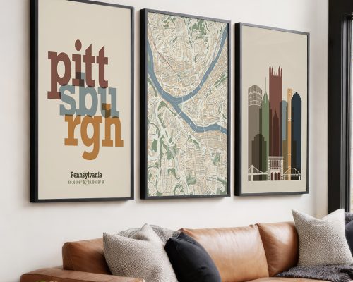 Pittsburgh Wall Art Set of 3 Prints, Map, Skyline